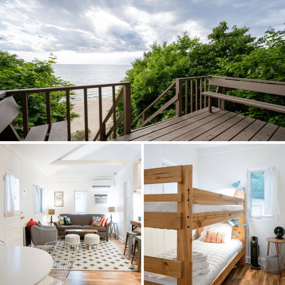 Two bedroom pet-friendly waterfront home in Holland, Michigan with bunk beds, open living space, and beach access.